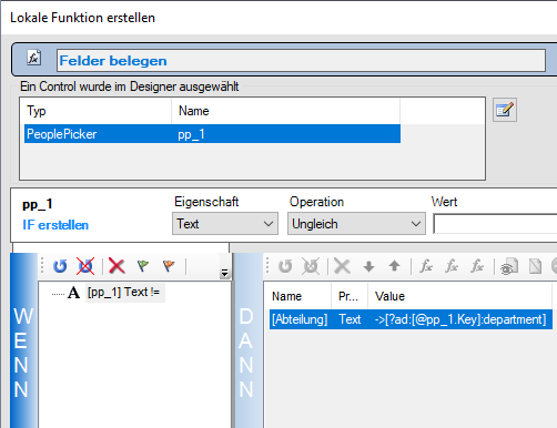 Ansicht einer Funktion für den PeoplePicker. Im DANN-Bereich ist die Ersetzung zu sehen (rechts)